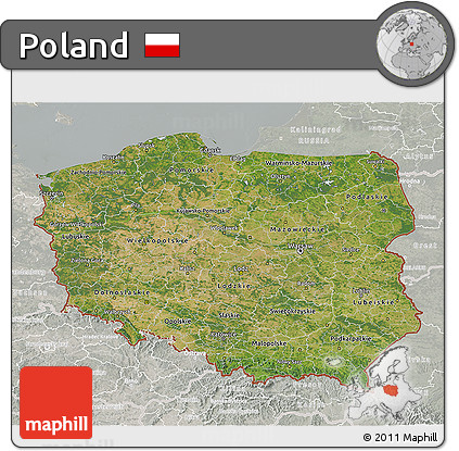 Satellite 3D Map of Poland, lighten, semi-desaturated