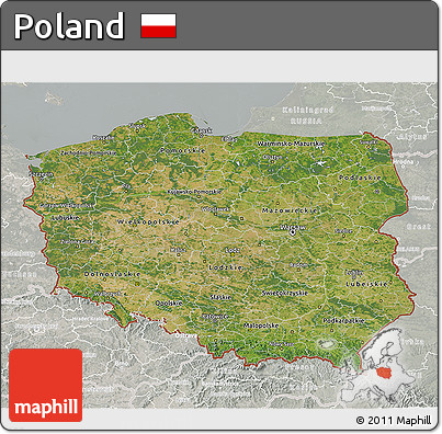 Satellite 3D Map of Poland, lighten, semi-desaturated
