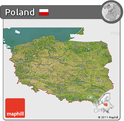 Satellite 3D Map of Poland, single color outside