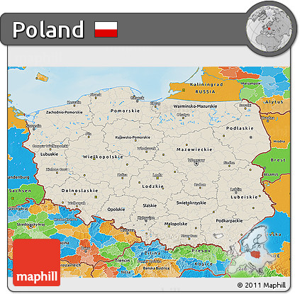 Shaded Relief 3D Map of Poland, political outside, shaded relief sea