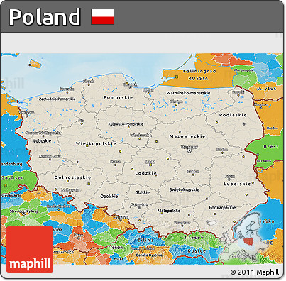 Shaded Relief 3D Map of Poland, political outside, shaded relief sea