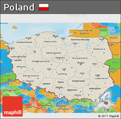 Shaded Relief 3D Map of Poland, political outside, shaded relief sea