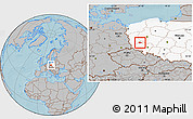 Gray Location Map of Glogow, highlighted country, hill shading