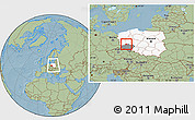 Savanna Style Location Map of Glogow, highlighted country, highlighted parent region, within the entire country, hill shading