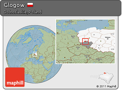 Savanna Style Location Map of Glogow, highlighted country, highlighted parent region, hill shading