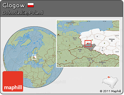 Savanna Style Location Map of Glogow, highlighted country, highlighted parent region, hill shading