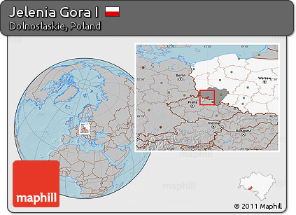 Gray Location Map of Jelenia Gora I, highlighted country, highlighted parent region, hill shading