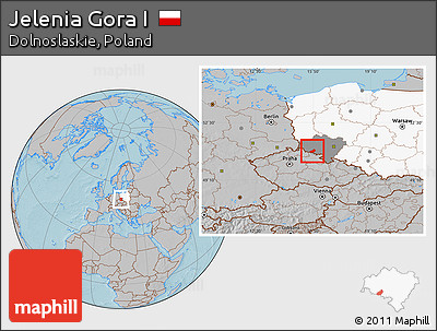 Gray Location Map of Jelenia Gora I, highlighted country, highlighted parent region, hill shading