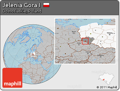 Gray Location Map of Jelenia Gora I, highlighted country, highlighted parent region, hill shading