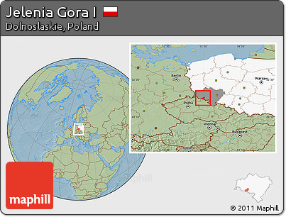 Savanna Style Location Map of Jelenia Gora I, highlighted country, highlighted parent region, hill shading