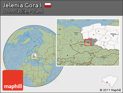 Savanna Style Location Map of Jelenia Gora I, highlighted country, highlighted parent region, hill shading