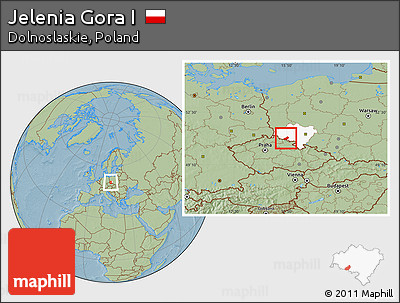Savanna Style Location Map of Jelenia Gora I, highlighted parent region, hill shading