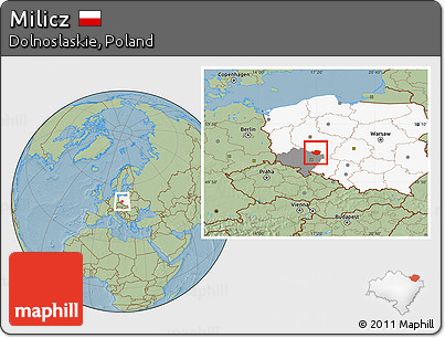 Savanna Style Location Map of Milicz, highlighted country, highlighted parent region, hill shading