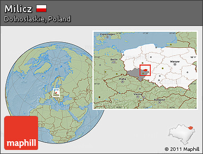 Savanna Style Location Map of Milicz, highlighted country, highlighted parent region, hill shading