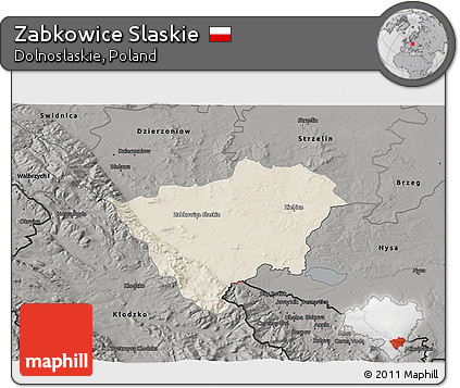 Shaded Relief 3D Map of Zabkowice Slaskie, darken, semi-desaturated