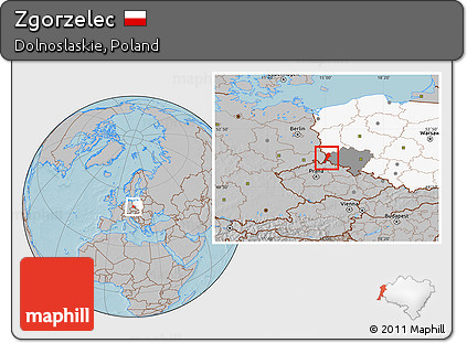 Gray Location Map of Zgorzelec, highlighted country, highlighted parent region, hill shading