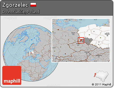 Gray Location Map of Zgorzelec, highlighted country, highlighted parent region, hill shading