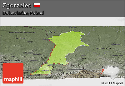 Physical Panoramic Map of Zgorzelec, darken, semi-desaturated