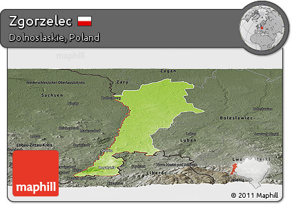 Physical Panoramic Map of Zgorzelec, darken, semi-desaturated
