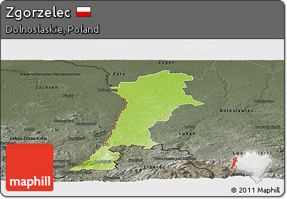 Physical Panoramic Map of Zgorzelec, darken, semi-desaturated