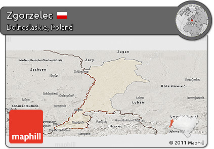 Shaded Relief Panoramic Map of Zgorzelec, semi-desaturated