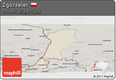 Shaded Relief Panoramic Map of Zgorzelec, semi-desaturated