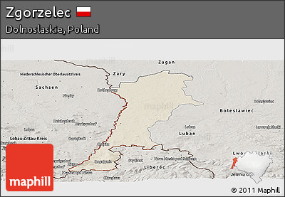 Shaded Relief Panoramic Map of Zgorzelec, semi-desaturated