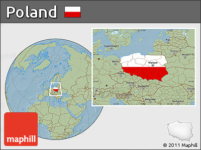 Flag Location Map of Poland, savanna style outside, hill shading outside