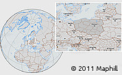 Gray Location Map of Poland, lighten, semi-desaturated, hill shading