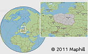 Gray Location Map of Poland, savanna style outside, hill shading inside
