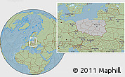 Gray Location Map of Poland, savanna style outside, hill shading