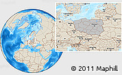 Gray Location Map of Poland, shaded relief outside, hill shading