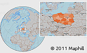 Political Location Map of Poland, gray outside, hill shading