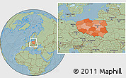 Political Location Map of Poland, savanna style outside, hill shading