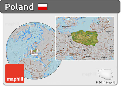 Satellite Location Map of Poland, gray outside, hill shading