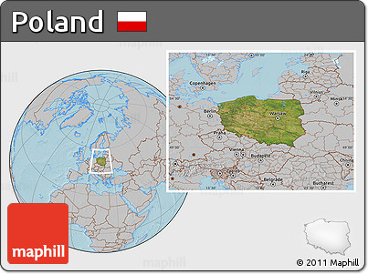 Satellite Location Map of Poland, gray outside, hill shading