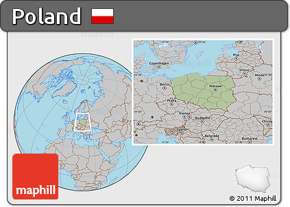 Savanna Style Location Map of Poland, gray outside, hill shading inside