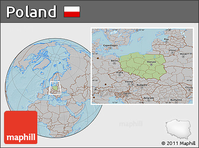 Savanna Style Location Map of Poland, gray outside, hill shading outside