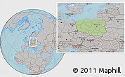 Savanna Style Location Map of Poland, gray outside, hill shading outside