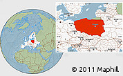 Savanna Style Location Map of Poland, highlighted continent, hill shading