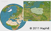 Savanna Style Location Map of Poland, satellite outside, hill shading