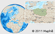 Savanna Style Location Map of Poland, shaded relief outside, hill shading