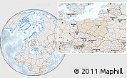 Shaded Relief Location Map of Poland, lighten, semi-desaturated