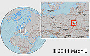 Gray Location Map of Bilgoraj, within the entire country, hill shading