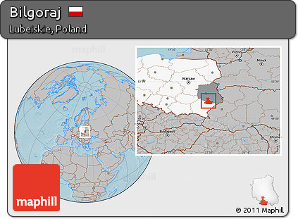 Gray Location Map of Bilgoraj, highlighted country, highlighted parent region, hill shading