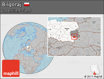 Gray Location Map of Bilgoraj, highlighted country, highlighted parent region, hill shading