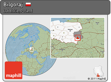 Savanna Style Location Map of Bilgoraj, highlighted country, highlighted parent region, hill shading
