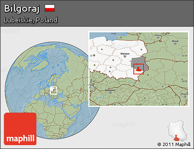 Savanna Style Location Map of Bilgoraj, highlighted country, highlighted parent region, hill shading