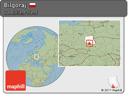 Savanna Style Location Map of Bilgoraj, highlighted parent region, hill shading