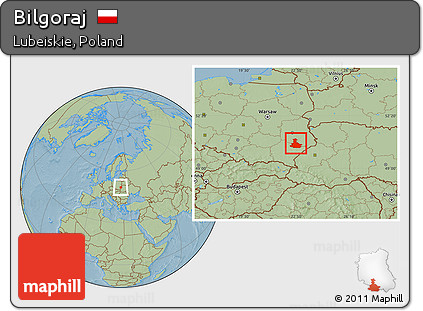 Savanna Style Location Map of Bilgoraj, hill shading